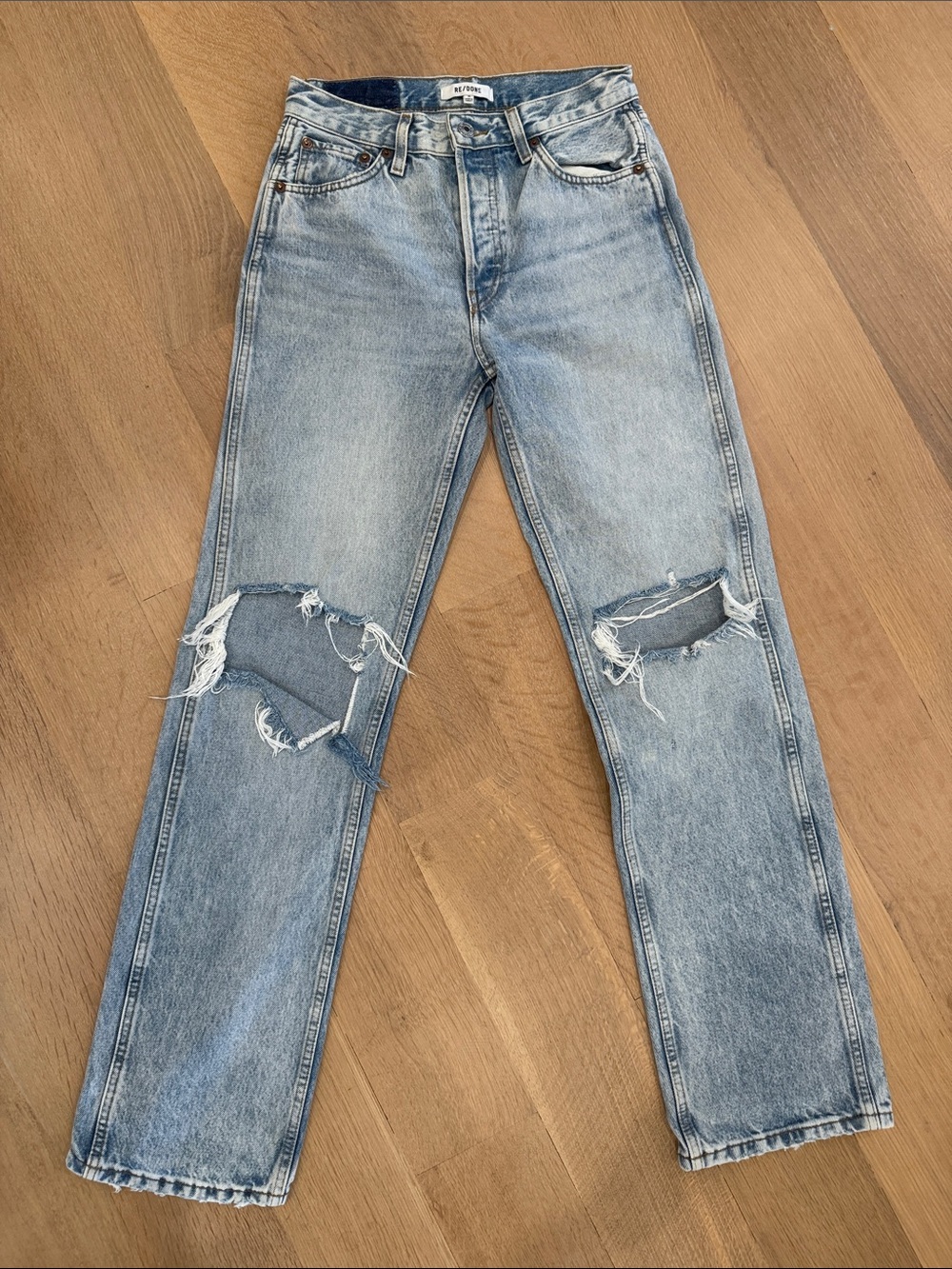 Re/Done Light Blue High-Rise Distressed Straight Jeans